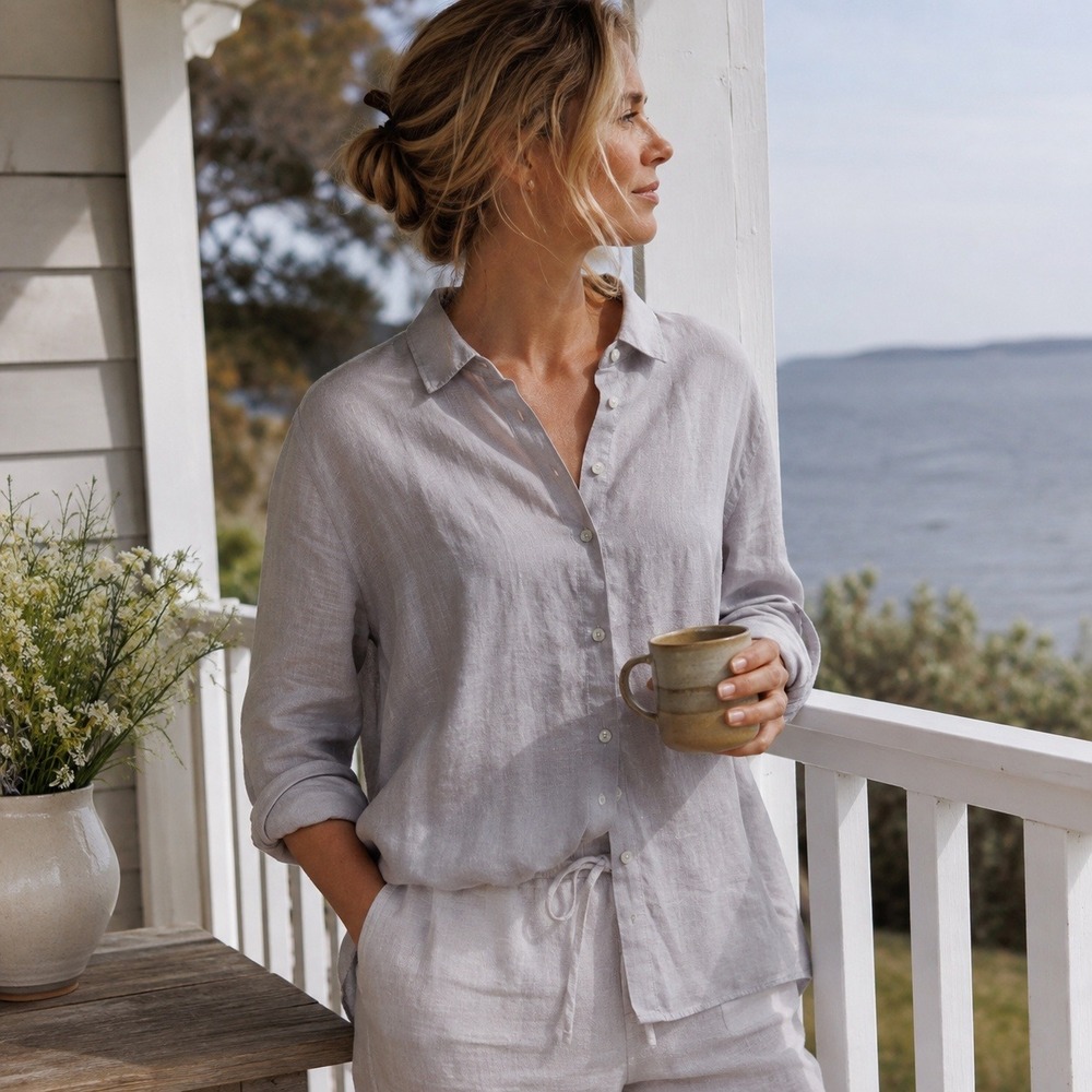 J.Jill Love Linen 100% Linen Button Down Shirt Gray‎ Lilac L Tunic Coastal